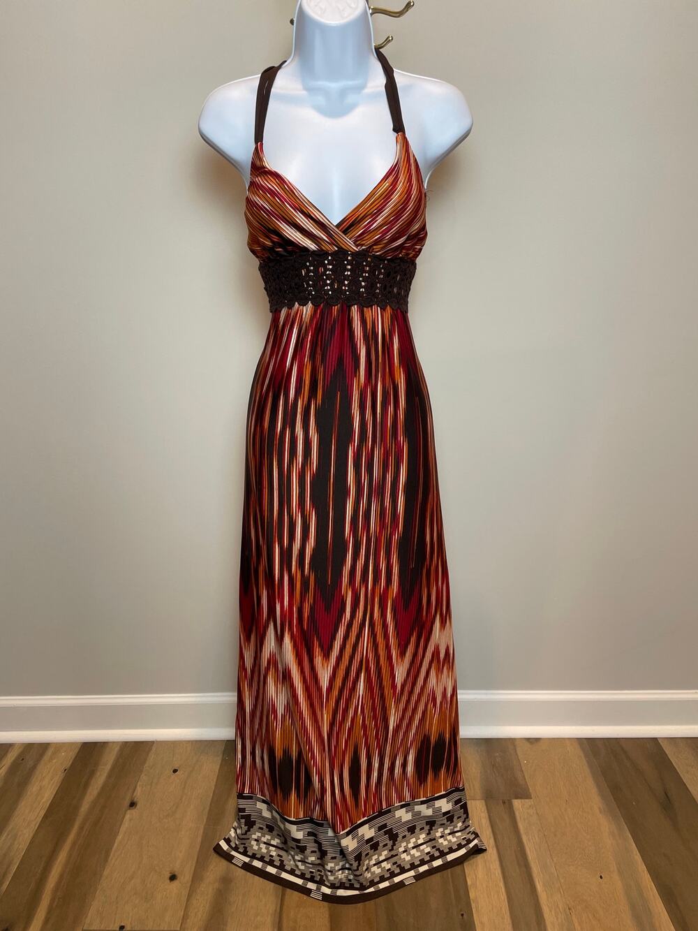 Heart Soul Abstract Racerback Maxi Dress Size M Neutral Bead Detail